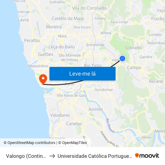 Valongo (Continente / Biblioteca) to Universidade Católica Portuguesa - Centro Regional do Porto map