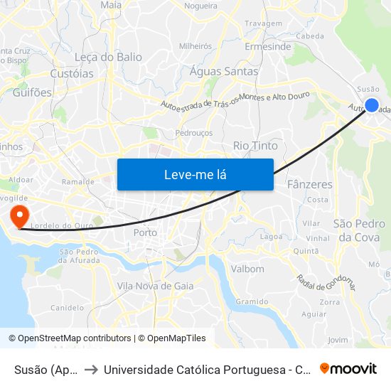 Susão (Apeadeiro) to Universidade Católica Portuguesa - Centro Regional do Porto map