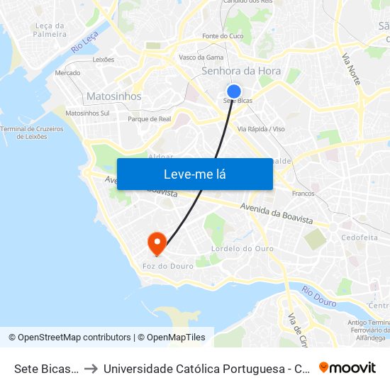 Sete Bicas (Metro) to Universidade Católica Portuguesa - Centro Regional do Porto map