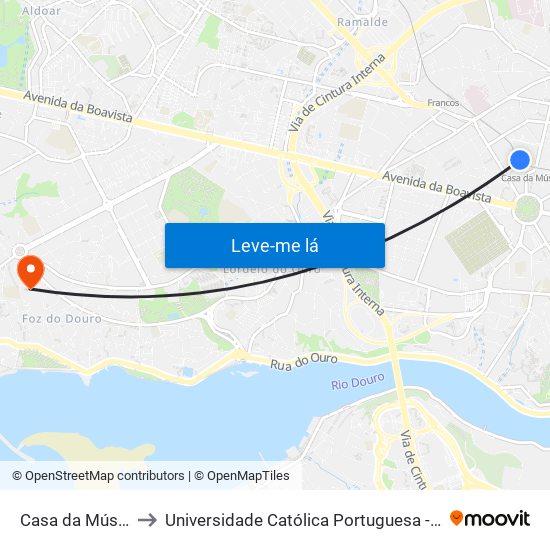 Casa da Música (Metro) to Universidade Católica Portuguesa - Centro Regional do Porto map