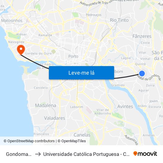 Gondomar (Souto) to Universidade Católica Portuguesa - Centro Regional do Porto map
