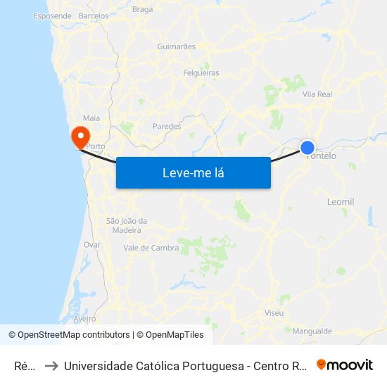 Régua to Universidade Católica Portuguesa - Centro Regional do Porto map