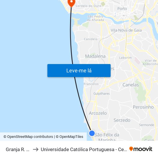 Granja R. Estação to Universidade Católica Portuguesa - Centro Regional do Porto map