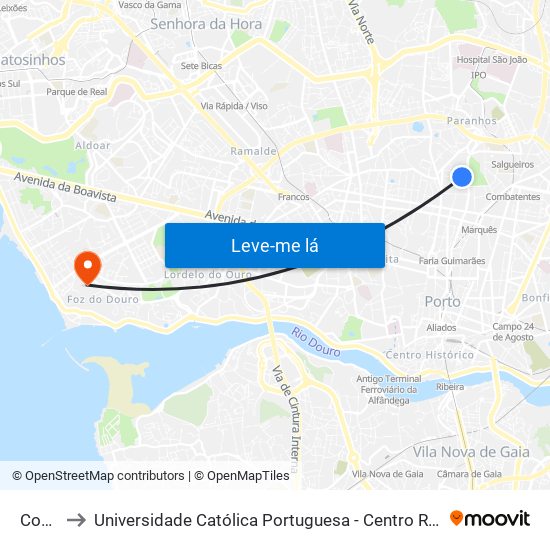 Covelo to Universidade Católica Portuguesa - Centro Regional do Porto map