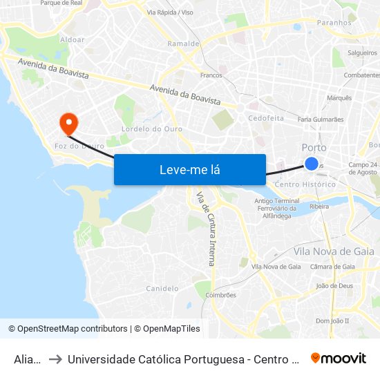 Aliados to Universidade Católica Portuguesa - Centro Regional do Porto map