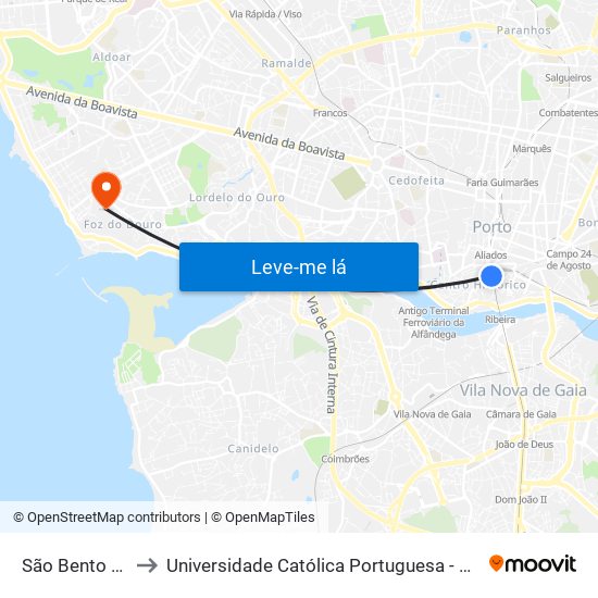 São Bento (Estação) to Universidade Católica Portuguesa - Centro Regional do Porto map