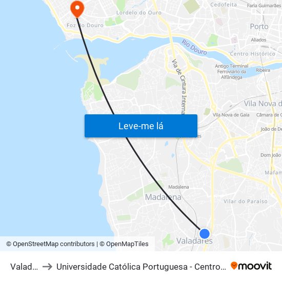 Valadares to Universidade Católica Portuguesa - Centro Regional do Porto map