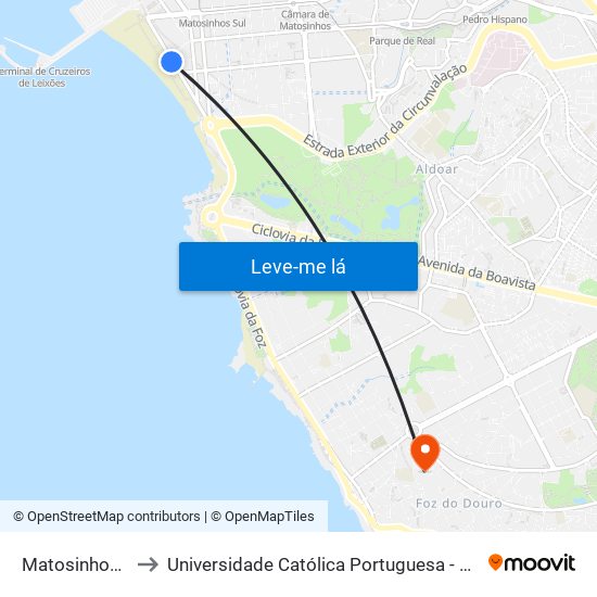 Matosinhos Beaches to Universidade Católica Portuguesa - Centro Regional do Porto map
