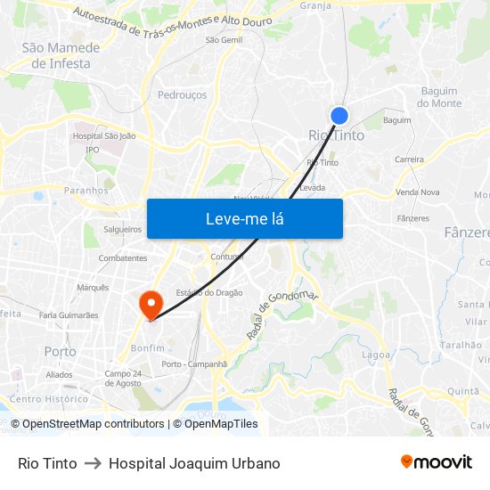 Rio Tinto to Hospital Joaquim Urbano map