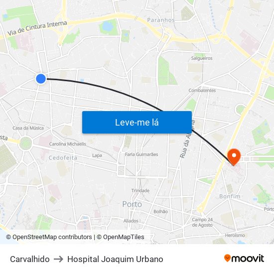 Carvalhido to Hospital Joaquim Urbano map