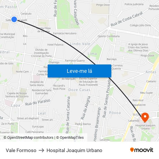 Vale Formoso to Hospital Joaquim Urbano map