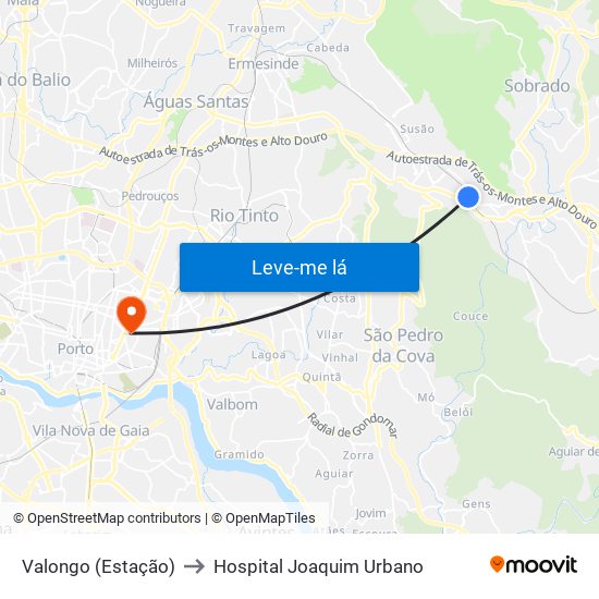 Valongo (Estação) to Hospital Joaquim Urbano map