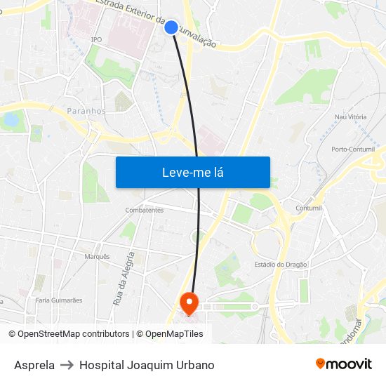 Asprela to Hospital Joaquim Urbano map