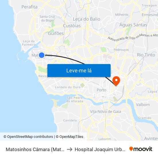Matosinhos Câmara (Matc1) to Hospital Joaquim Urbano map