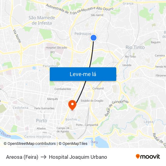 Areosa (Feira) to Hospital Joaquim Urbano map