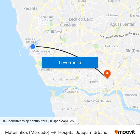 Matosinhos (Mercado) to Hospital Joaquim Urbano map