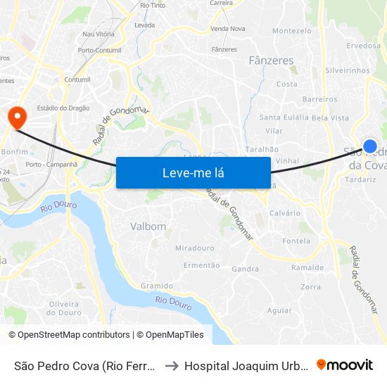 São Pedro Cova (Rio Ferreira) to Hospital Joaquim Urbano map