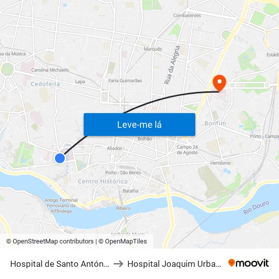 Hospital de Santo António to Hospital Joaquim Urbano map