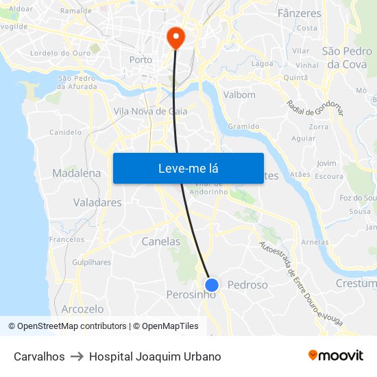 Carvalhos to Hospital Joaquim Urbano map