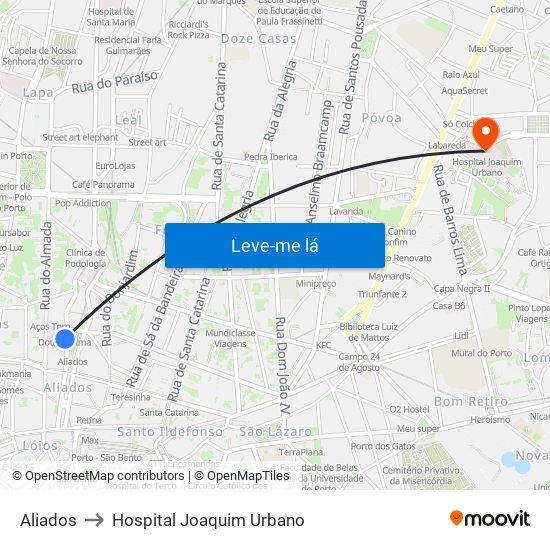 Aliados to Hospital Joaquim Urbano map