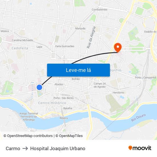 Carmo to Hospital Joaquim Urbano map