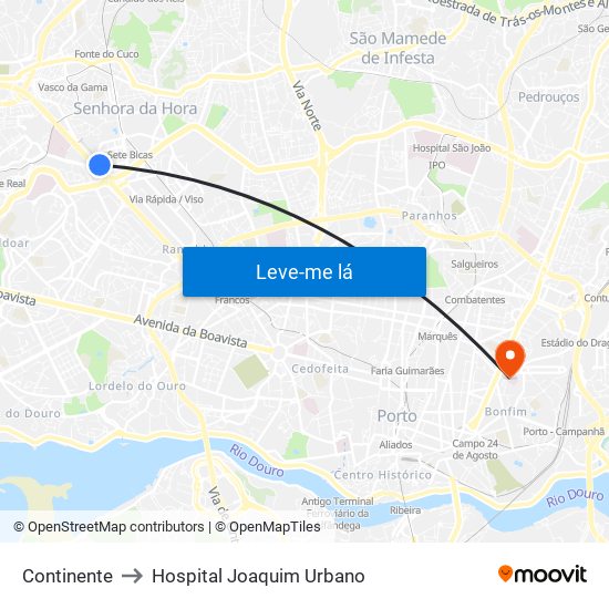 Continente to Hospital Joaquim Urbano map