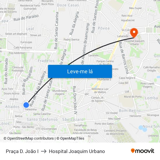 Praça D. João I to Hospital Joaquim Urbano map