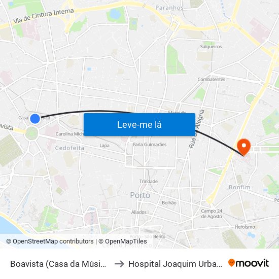 Boavista (Casa da Música) to Hospital Joaquim Urbano map