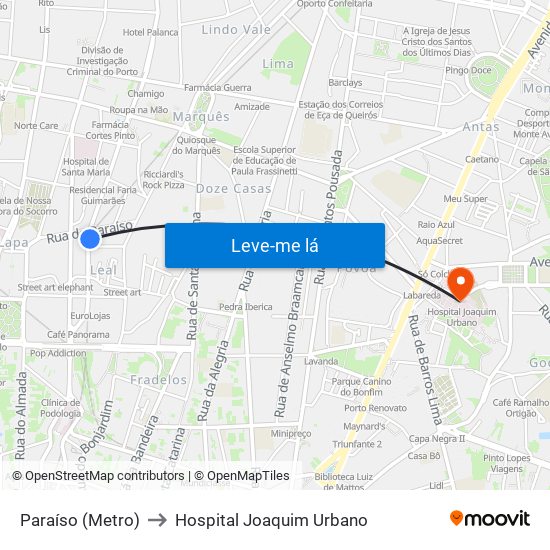 Paraíso (Metro) to Hospital Joaquim Urbano map
