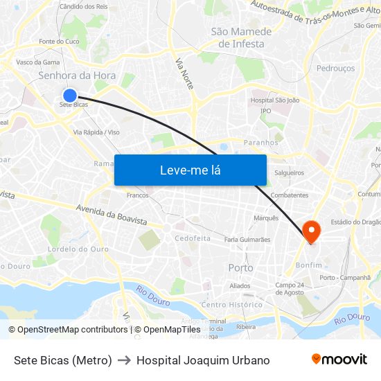 Sete Bicas (Metro) to Hospital Joaquim Urbano map