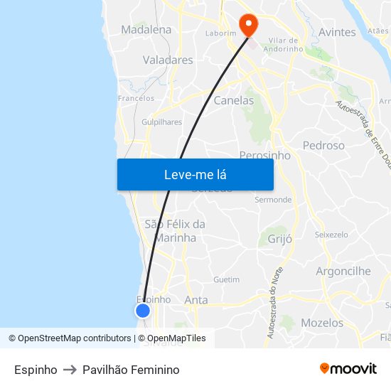 Espinho to Pavilhão Feminino map