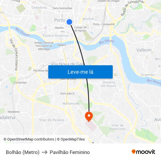 Bolhão (Metro) to Pavilhão Feminino map