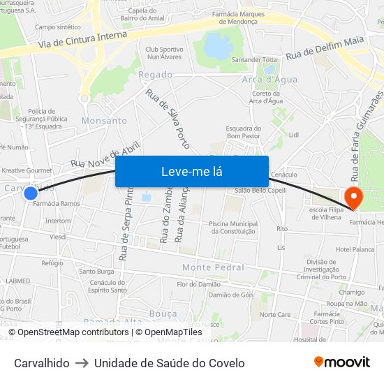 Carvalhido to Unidade de Saúde do Covelo map