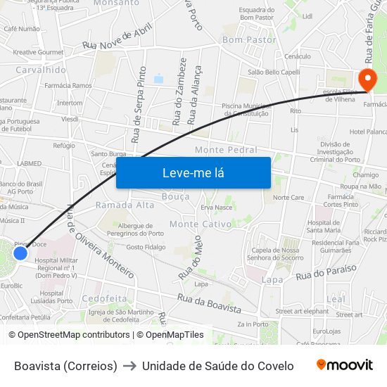 Boavista (Correios) to Unidade de Saúde do Covelo map