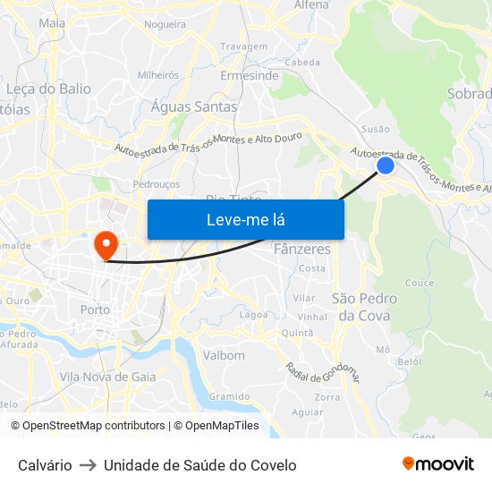 Calvário to Unidade de Saúde do Covelo map