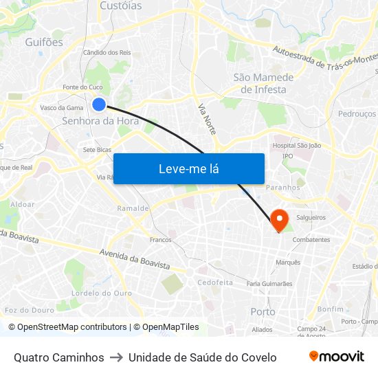 Quatro Caminhos to Unidade de Saúde do Covelo map