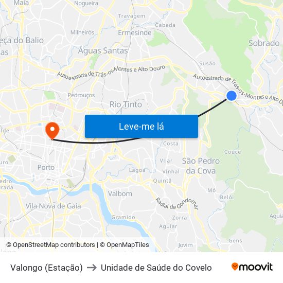 Valongo (Estação) to Unidade de Saúde do Covelo map