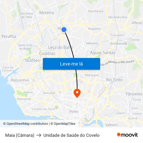 Maia (Câmara) to Unidade de Saúde do Covelo map