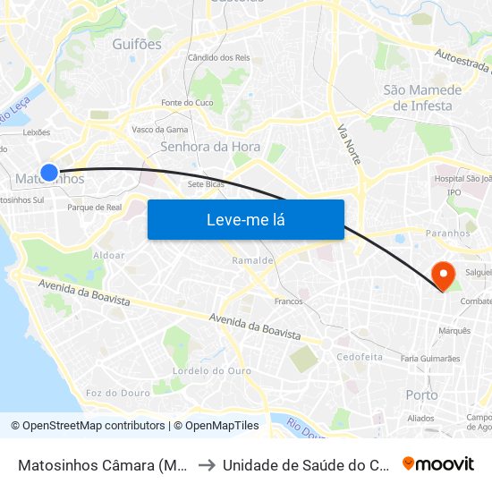 Matosinhos Câmara (Matc1) to Unidade de Saúde do Covelo map