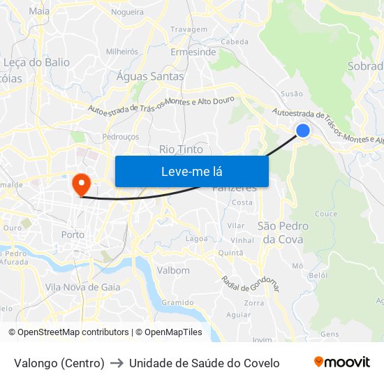 Valongo (Centro) to Unidade de Saúde do Covelo map
