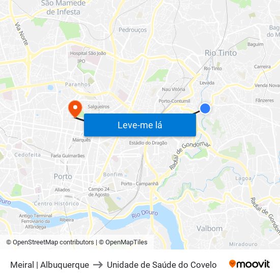 Meiral | Albuquerque to Unidade de Saúde do Covelo map