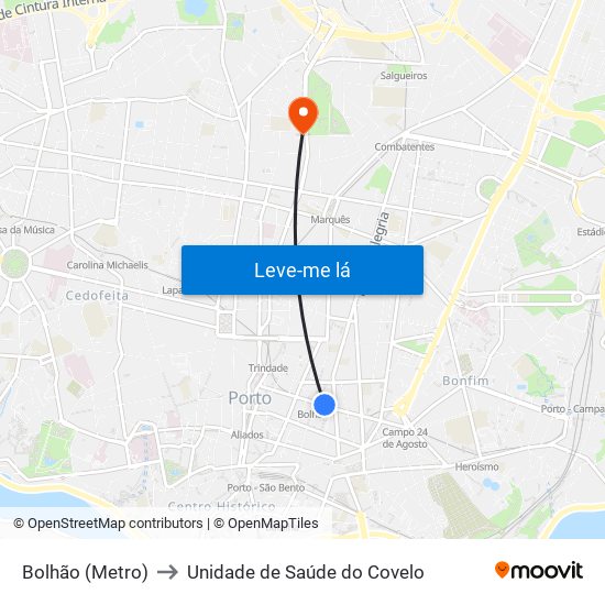 Bolhão (Metro) to Unidade de Saúde do Covelo map