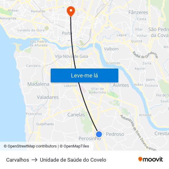 Carvalhos to Unidade de Saúde do Covelo map