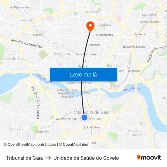 Tribunal de Gaia to Unidade de Saúde do Covelo map