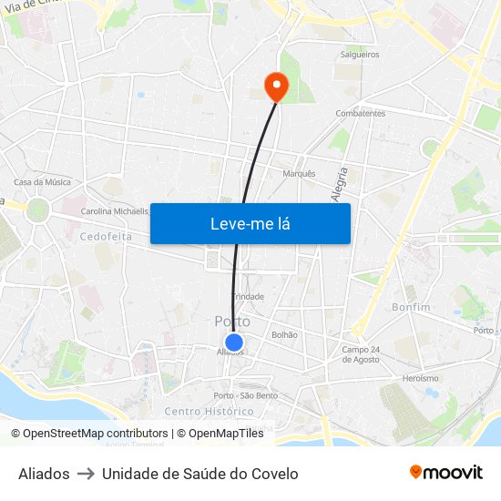 Aliados to Unidade de Saúde do Covelo map