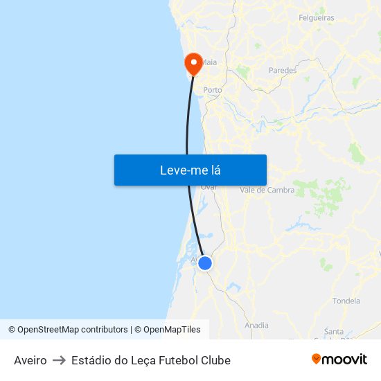 Aveiro to Estádio do Leça Futebol Clube map