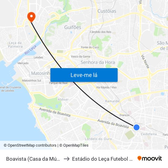 Boavista (Casa da Música) to Estádio do Leça Futebol Clube map