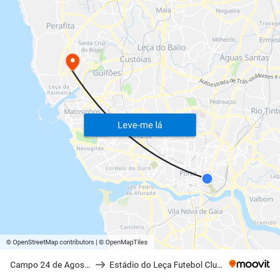Campo 24 de Agosto to Estádio do Leça Futebol Clube map