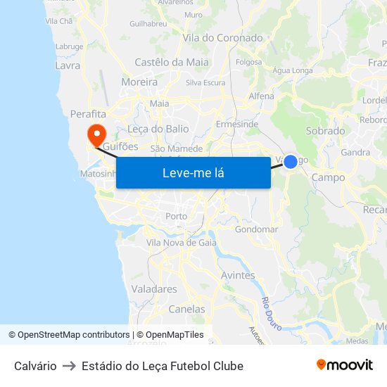 Calvário to Estádio do Leça Futebol Clube map