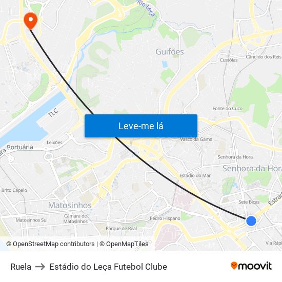 Ruela to Estádio do Leça Futebol Clube map